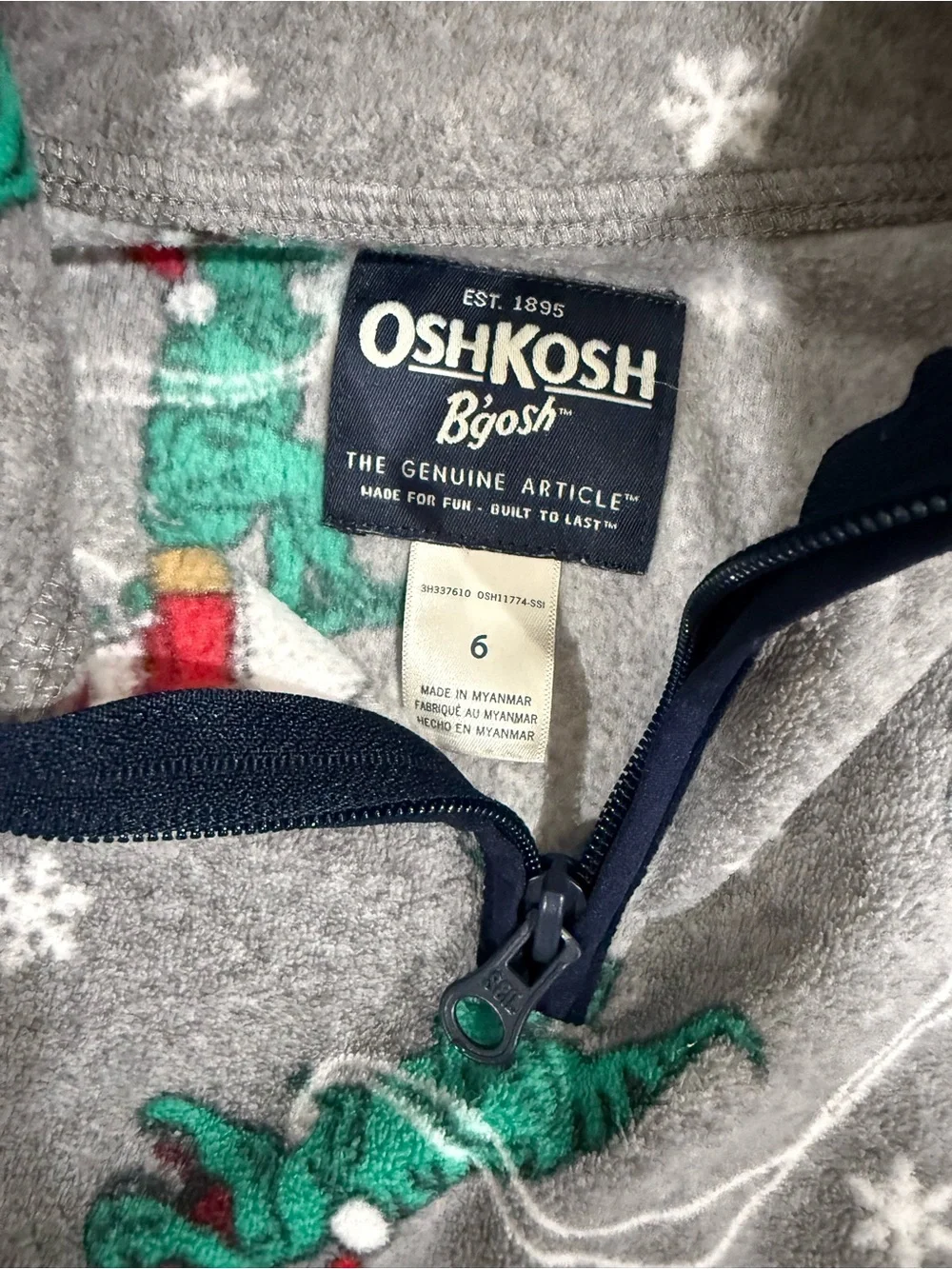 OshKosh B'gosh Gray Holiday Dinosaur 1/4 Zip Top with Green Dino Print